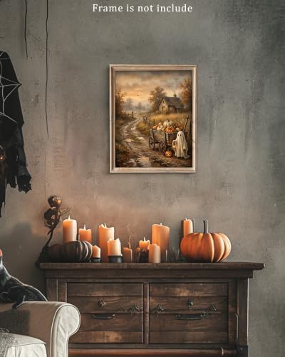 Vodefoad Vintage Halloween Ghost and Pumpkins Wall Prints, Rustic Autumn Landscape Canvas Paintings, Halloween Pumpkins Cart with Cute Ghost Picture, Halloween Gothic Dark Academia Spooky Fall Decor for Kitchen, Gallery, Bathroom Wall decor - 8x10Inch ... - Image 6