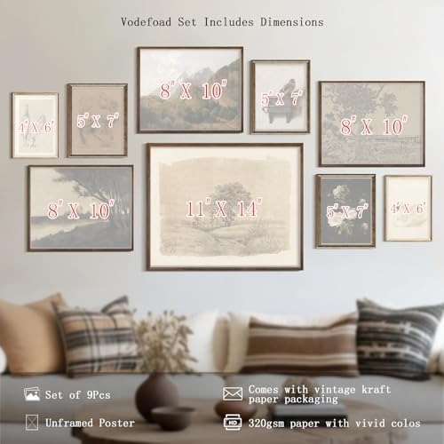 9Pcs Vintage Gallery Wall Art Decor Prints Neutral Farmhouse Wall Decor Nature Landscape Botanical Painting Moody Poster Retro French Country Moody Paintings Rustic Cottagecore Brown Tones Decor - Unframed - Image 3