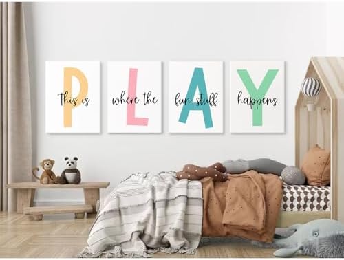 Baccone Kids Playroom Wall Art Playroom Wall Decor Kids Play Canvas Wall Art Play Sign Pictures Toddler Playroom Art Prints Nursery Children Artwork for Room Bedroom Set of 4 12x16 Inch Ready to Hang - Image 7