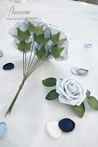Floroom Artificial Flowers 25pcs Real Looking Powder Blue Foam Fake Roses with Stems for DIY Wedding Bouquets Bridal Shower Centerpieces Floral Arrangements Party Tables Home Decorations - Image 5