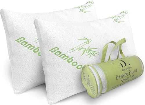 Memory Foam Rayon Bamboo Pillows Queen Size Set of 2 for Sleeping [Adjustable] - Cool & Breathable Cover with Zipper Rayon Bamboo Pillowcase - Relieves Neck Pain - Back/Stomach/Side Sleeper by DreamFieldLinen