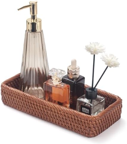Rattan Bathroom Vanity Trays Toilet Tank Baskets Long Narrow Hand Towel Storage Basket for Storage, Decorative (Honey Brown 10.2 x 4.9 x 1.6 inch) by DECRAFTS