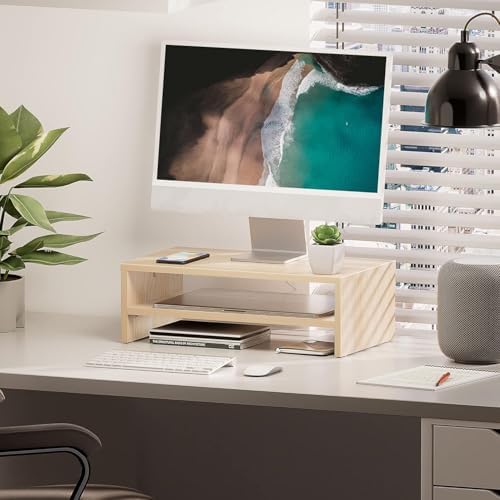 FITUEYES Wooden Monitor Stand Riser, 2-Tier Desk Storage Shelf, Oak - Image 5