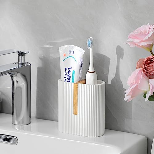 Toothbrush Holders for Bathroom, Bamboo Electric Toothbrush Stand, White - Image 3