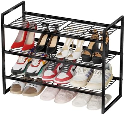 Metal Shoe Rack Organizer for Closet and Entryway, 3 Tier 27" Wide Free Standing Wire Grid Shoe Shelf, Black by MWQ