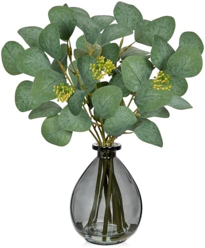 DILATATA Artificial Eucalyptus Stems in Glass Vase with Faux Water, 13" Fake Plant Eucalyptus Leaves Greenery for Table Centerpiece Office Home Decor - Black by DILATATA