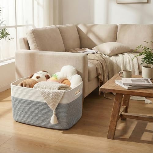 JMvicyroam 65L Large Woven Cotton Rope Blanket Basket, White&Grey - Image 2