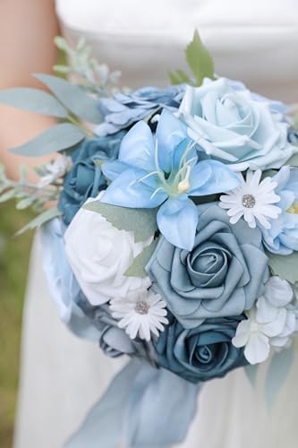 Blue Artificial Flowers Silk Fake Roses Peonies Greenery Combo Box Set for DIY Wedding Bouquets Bridal Shower Centerpieces Floral Arrangements Party Tables Home Decoration - Image 4