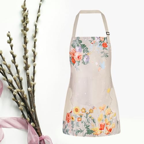DILLMAN 2 Pack Floral Aprons with Pocket Blooming Womens Waterproof Adjustable Cooking Aprons Kitchen Gardening Salon - Image 7