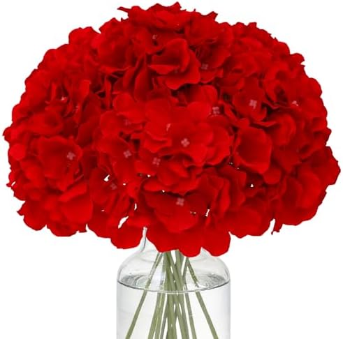 Fake Red Hydrangea Artificial Flowers - Faux Silk Hydrangeas Flowers Heads with Stems Real Touch for Home Wedding Party Table Decor(Red,Pack of 10) by FLORRALIAArtificialFlowers