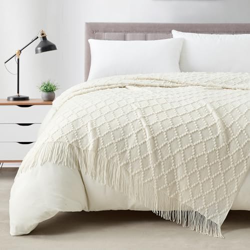 BOURINA White Throw Blanket 50 x70 Inch Jacquard Throw Knitted Blanket by BOURINA