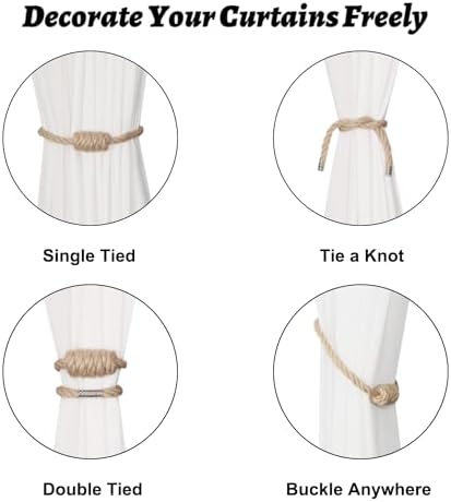 BEL AVENIR Magnetic Jute Curtain Tiebacks 4 Pack Hand-Woven Curtain Ties - Image 3