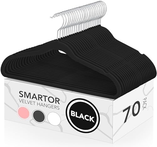Black Velvet Hangers 70 Pack, Non Slip Felt Slim Hangers for Space Saving by Smartor