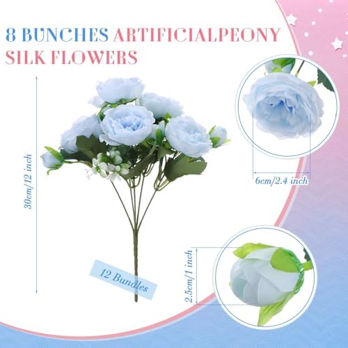 Geosar 16 Bundles Artificial Peonies Flowers,Light Pink, Light Blue - Image 2