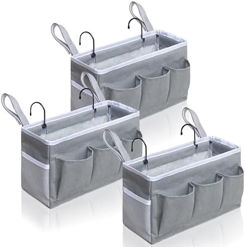 Kanrichu Bedside Caddy Hanging Storage Bag, Organizer Baskets with Pockets for Bunk Bed Accessories, Loft & Dorm Rooms Chair Bed Rails (Gray-3pcs) by KANRICHU