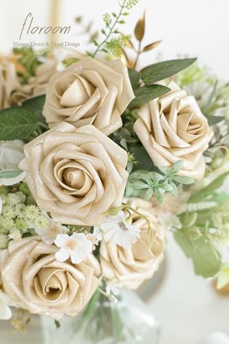 Floroom Artificial Flowers 25pcs Real Looking Champagne Gold Foam Fake Roses with Stems for DIY Wedding Bouquets Bridal Shower Centerpieces Floral Arrangements Party Tables Home Decorations - Image 5