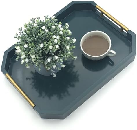 Serving Tray with Polished Metal Handles, Hexagon Coffee Table Tray, Modern Rectangle Decorative Tray, Large Ottoman Tray, Perfect for Storage and Display (Teal Rectangle) by thewense