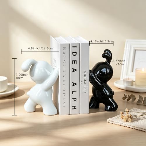 Glossy Ceramic Bunny Bookends Pair, Cute Rabbit Sculpture Book Stoppers, Smooth Shiny Finish Decorative Book Holders for Shelf Tabletop, Minimalist Modern Home Decor Gift for Kids & Book Lovers - Image 4