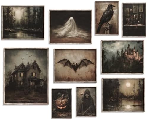 Vodefoad 10Pcs Halloween Wall Art Prints Dark and Moody Halloween Print Set Mysterious Raven Gallery Wall Decor Skeletons Picture Decorations for Gallery Living Room Bedroom Kitchen Office Unframed by VodefoadVintageWallArt