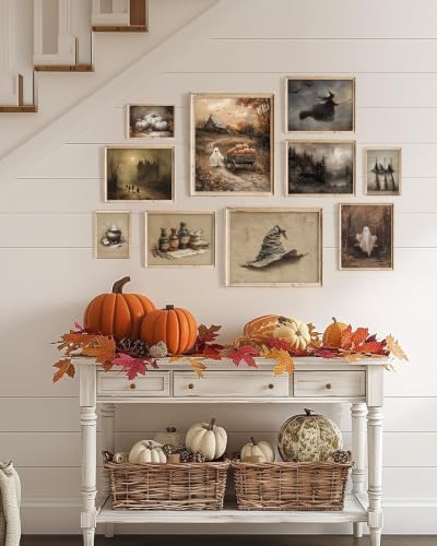 Vodefoad Vintage Halloween Wall Art Prints of 10, Retro Cute Ghost Canvas Decor, Spooky Witchy Pictures for Halloween Wall Paintings, Moody Autumn Landscape Canvas Oil Painting, Gothic Dark Aesthetic Posters Prints for Bedroom Gallery Decor Unframed - Image 6