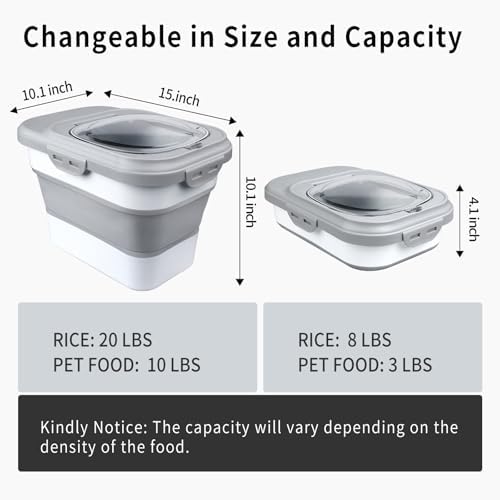 Komzon Rice Storage Container, Collapsible Airtight Food Storage Containers 6-20 Lbs, Rice Dispenser with Measuring Cup and Small Bin for Flour Cereal Pasta Grain, Cat Pet Dog Bird Food Container - Image 2