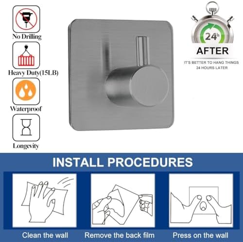 Fotosnow Adhesive Hooks Towel Hanger Wall Hooks for Hanging Coat, Hat,Towel Robe Hook Rack Wall Mount Waterproof Stainless Steel- Bathroom and Bedroom Gray 4-Packs - Image 3
