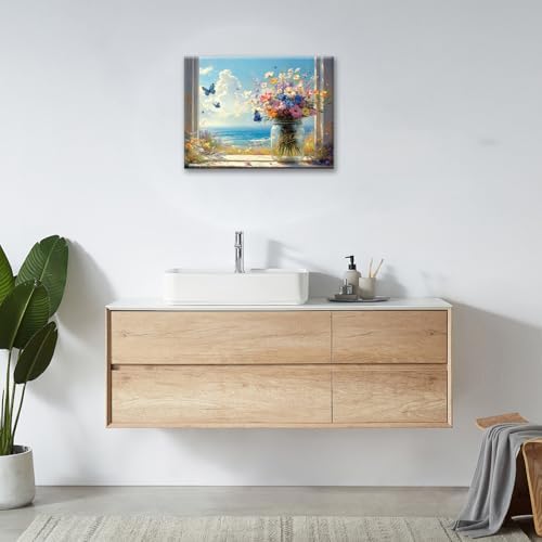 Beach Floral Bathroom Pictures Wall Art, Colorful Flower Bathroom Wall Decor, Coastal Ocean Framed Painting Canvas Artwork for Bedroom Living Room Decorations 20" L x 16" W - Image 5
