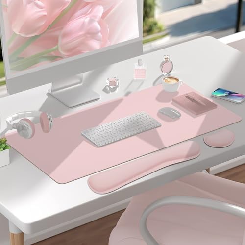 Pink Leather Desk Pad and Keyboard Wrist Rest, 27.6"x13.8" - Image 2