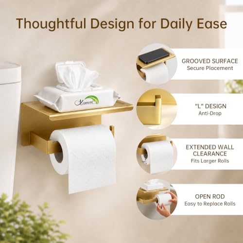 Wall Mounted Toilet Paper Holder with Shelf, 1.5mm, Brushed Gold - Image 2