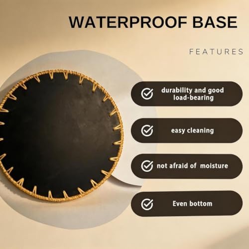 Boho Handwoven Rattan Tray with Mother of Pearl Inlay, 30 and 35cm Round Decorative Trays, Wooden Base Serving Tray for Vanity, Coffee Table & Wall Hanging Decor (2 Suites, Pattern: Greenleaf) - Image 6