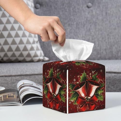 Christmas Holly Red Bell Tissue Box Cover Square Leather Tissue Case Holder Facial Paper Organizer Decorative for Tabletop Night Stands Desk Bathroom Kitchen Car Office Home Decor - Image 6