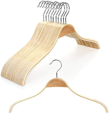 TOPIA HANGER Slim Natural Wood Hangers with Extra Soft Non-Slip Rubber Grips, 10-Pack High-Grade Fashion Hanger No Shoulder Bump for Sweater, Camisole, Jacket, Dress, Coat -CT15N by TOPIAHANGER