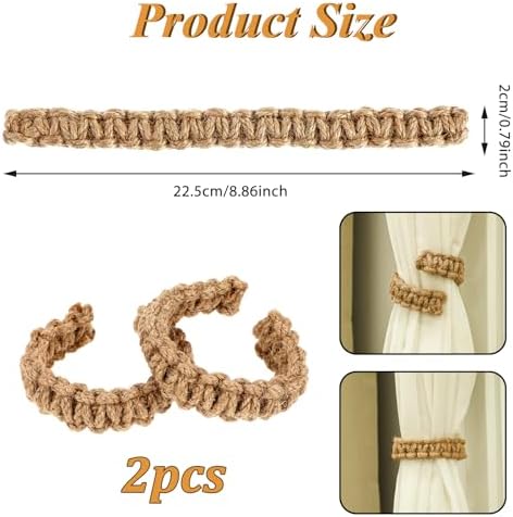 Ptwola 2 Pack Braided Curtain Tiebacks Boho Elegant Rustic Curtain Holdbacks Tie Backs Holders Set Simple Light Weight Drapes Decorative Accessories Handmade for Home Office Bedroom Window (2, Linen) - Image 2