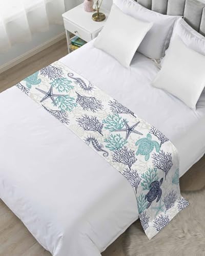 Teal Blue Coastal Bed Runner for King Size Bed, Bedspread Protector Slipcover Bed Scarf for Foot Bed Runners & Scarves for Bedroom Hotel Wedding Room 102x20 Sea Turtle Nautical Coral Summer Beach by Homechoid