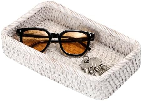 Hipiwe Decorative Key Tray for Entrayway Table Whitewash Rattan Basket Tray by Hipiwe