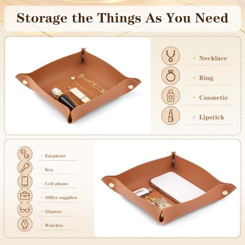 PU Leather Tray for Wallet, Portable Décor Key Tray Holder, Night Stand Storage for Bedroom, Bathroom, Living Room, Entryway, Jewelry Valet Organizer for Women Men (1, Brown, Square) - Image 3