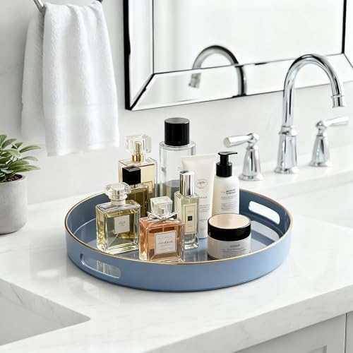 Decorative Tray, Round Plastic Tray with Handles, Modern Vanity Tray and Serving Tray for Ottoman, Coffee Table, Kitchen and Bathroom, Size 13” (Gray) - Image 7