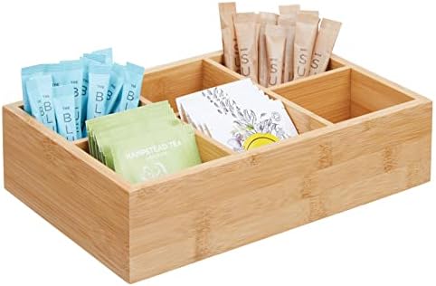 mDesign Bamboo Tea & Food Storage Organizer Container Box - Wooden Holder Case for Tea Bags, Coffee, Snacks, Sugar, Sweeteners, and Small Packets - Echo Collection - Natural Wood by mDesign