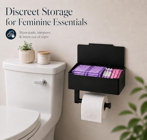 Toilet Paper Holder with Storage, Wall Mount Toilet Paper Holder with Shelf, Flushable Wipes Dispenser, Sanitary Napkin Receptacle, Matte Black Stainless Steel for Bathroom Commercial - Image 3