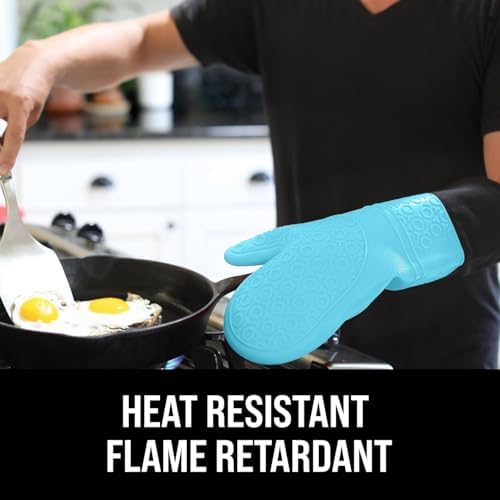 BPA-Free Soft Silicone Oven Mitts - Ultra Heat Resistant Oven Mitts with Thick Cotton Liner - Extra Long Slip Resistant Pot Holders, Flexible Oven Gloves - Aqua/Black 14.7" - Image 2