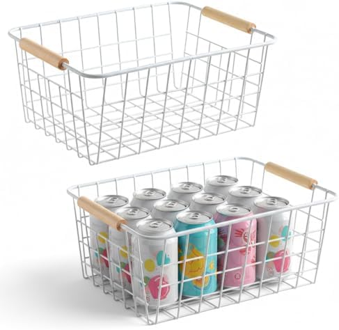 Kitchen Wire Baskets Farmhouse Decor Metal Food Storage Organizer,Household Refrigerator Bin with Built-in Handles for Cabinets, Pantry, Bathroom,2 Packs(white) by Aeggplant