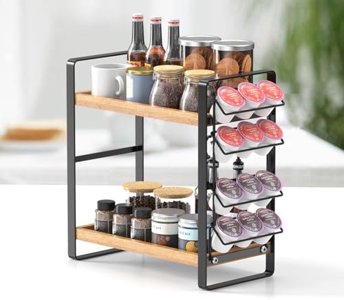 LEMIKKLE Coffee Station Organizer for Counter,Condiment Storage Caddy for Kitchen,2 Tier Wooden Shelf for Coffee Bar Accessories,Coffee Bar Organizer for Kitchen, Home, Office-Brown - Image 3