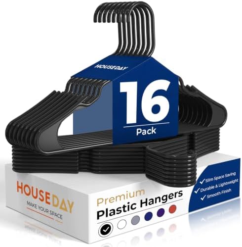 HOUSE DAY Black Plastic Hangers 16 Pack – Slim Space Saving Clothes Hangers by HOUSEDAY