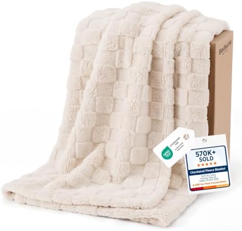 Bedsure Checkered Fleece Throw Blankets for Bed/Couch, Cream,50"×70" by BEDSURE