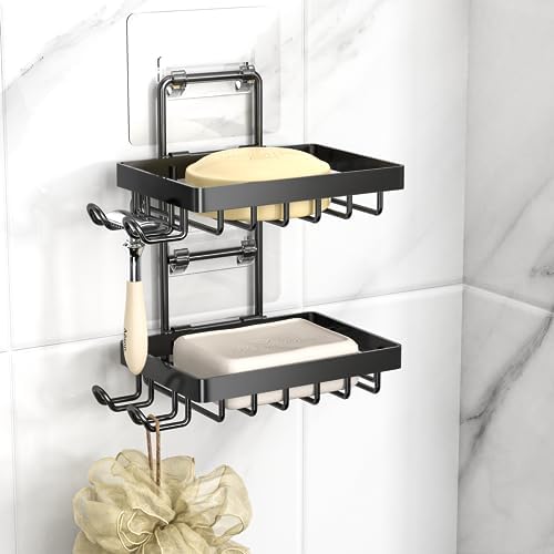 Moforoco Double Soap Bar Holder for Shower, No Drilling, 304 Stainless Steel, Wall Mounted Soap Holder with 4 Hooks and Razor Holder, Shower Rack Soap Tray Bar Soap for Bathroom Accessories Organizer by MOFOROCO
