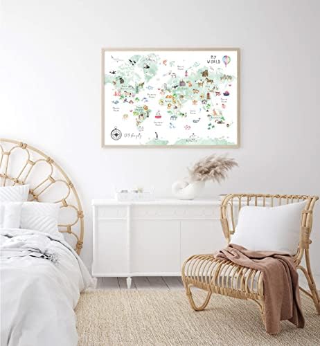 Green Kids World Map Wall Art Animal Map Canvas Wall Art Nursery Wall Decor World Map Poster Childrens Room Decor Playroom Prints Educational Artwork 16x24 Inch Unframed - Image 4