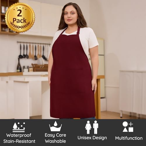 2 Pack Plus Size Waterproof Cooking Chef Apron with 2 Pockets for Men Women - Image 2