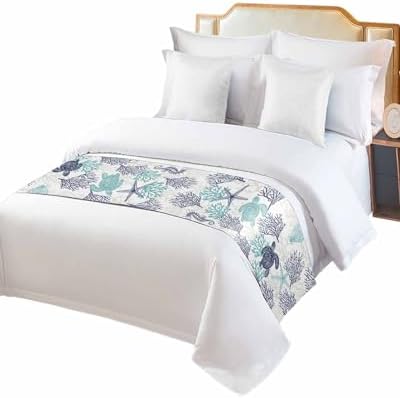 Teal Blue Coastal Bed Runner for King Size Bed, Bedspread Protector Slipcover Bed Scarf for Foot Bed Runners & Scarves for Bedroom Hotel Wedding Room 102x20 Sea Turtle Nautical Coral Summer Beach - Image 2