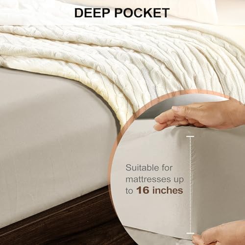 FreshCulture Queen Fitted Sheet - Hotel Quality, Ultra Soft & Breathable Brushed Microfiber, Deep Pocket, Cooling Fitted Sheets for Queen Size Bed (Cream) - Image 4