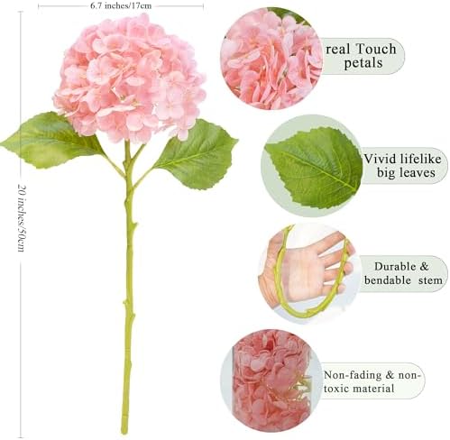 Jahe 4 Pcs Hydrangea Artificial Flowers, 20'' Tall Large Bloom Faux Hydrangea Flowers,Real Touch Fake Flowers, Bouquet Home Wedding Party Decor, DIY Floral Arrangement, Pink - Image 2